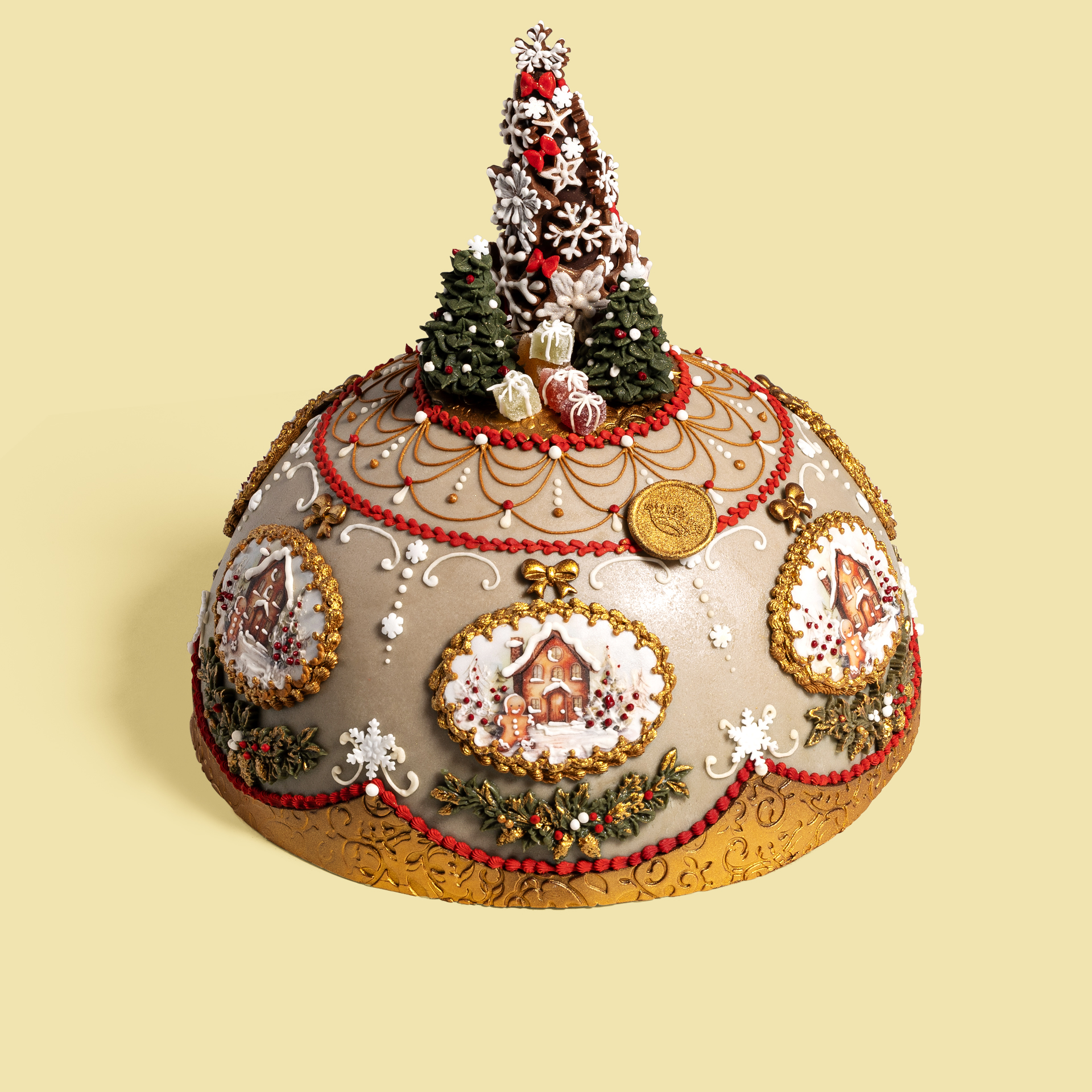 Hand-decorated Panettone with Christmas fir tree