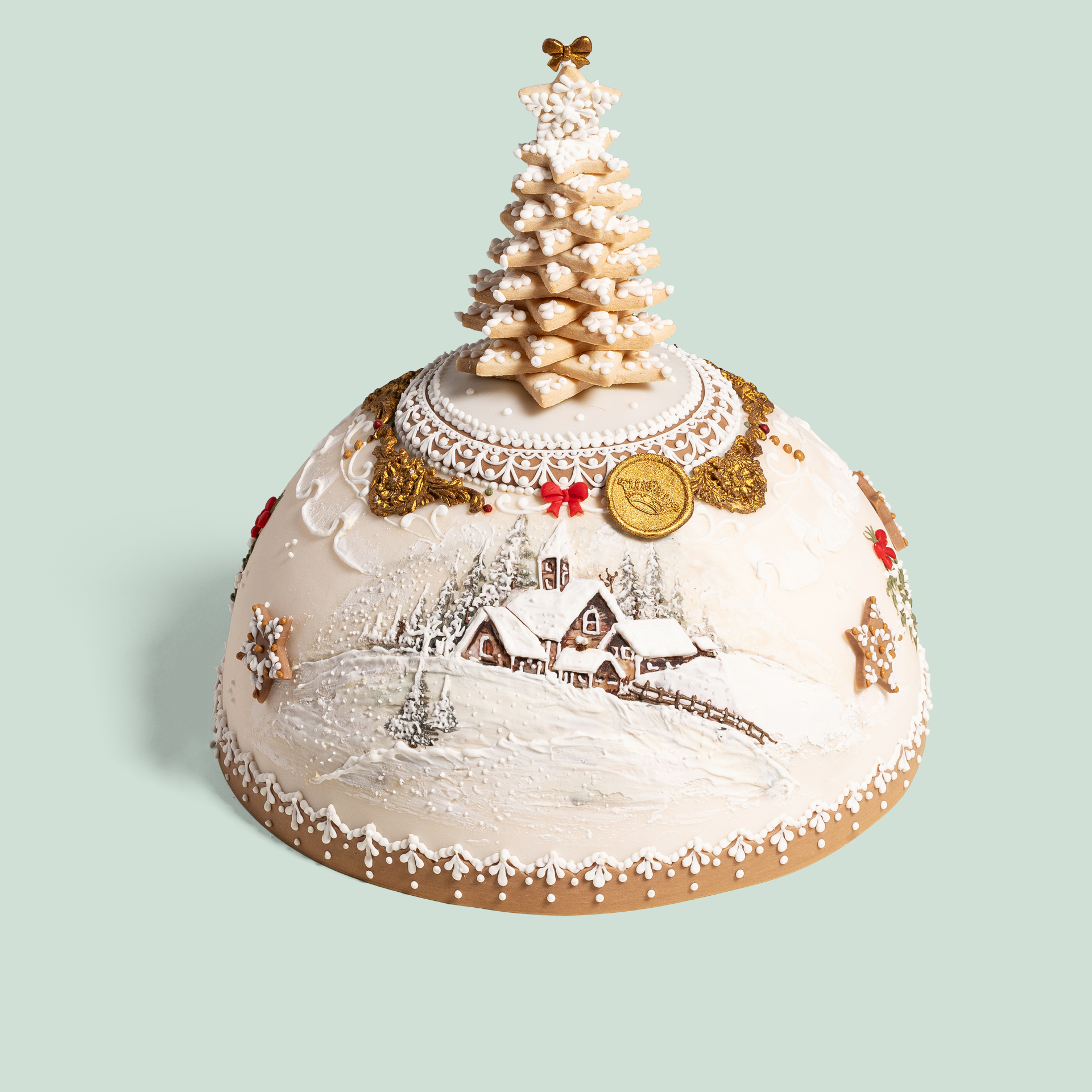 Hand-decorated Panettone with snowy landscape