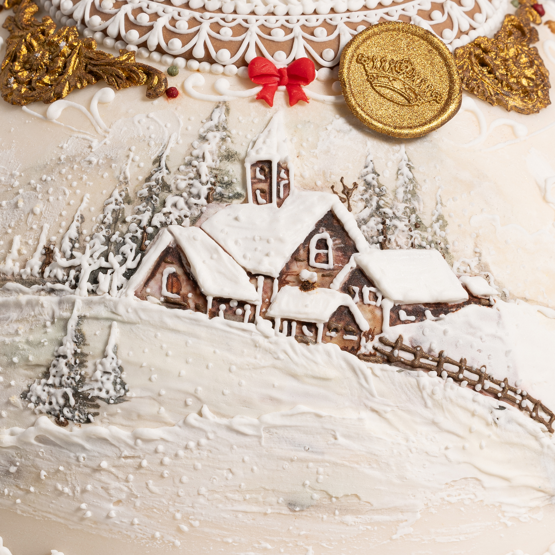 Hand-decorated Panettone with snowy landscape