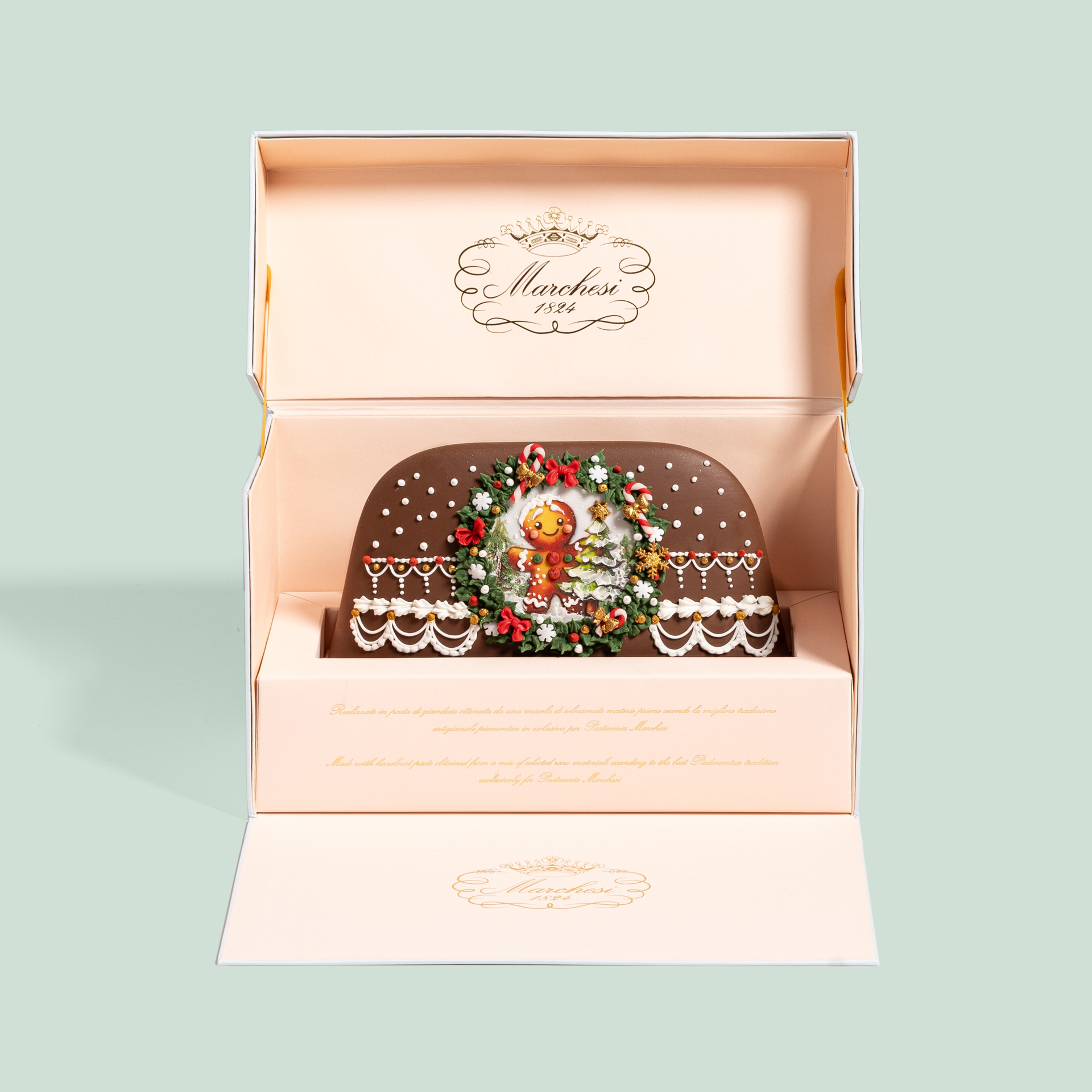 Gianduiotto décoré à la main avec un petit bonhomme en pain d’épices